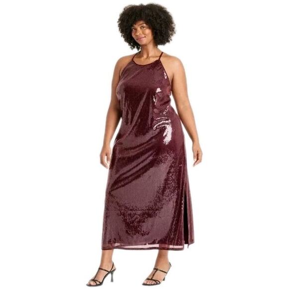 A New Day Women's Sequin Midi A-Line Dress Halter Neckline Side Slit 1X Burgondy - Picture 1 of 9